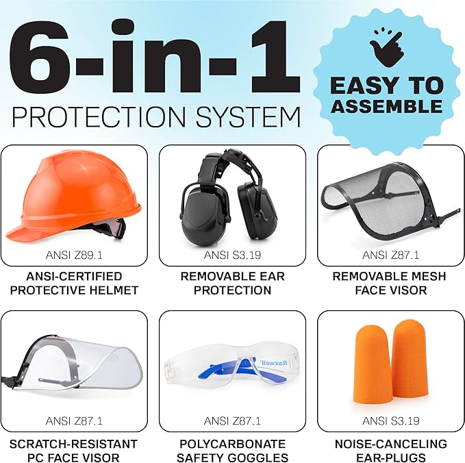 Raxwell Chainsaw Safety Helmet – ANSI Certified 6-in-1 Forestry Hard Hat with Ear Muffs, 2 Visors, Goggles & Earplugs – 30dB Noise Reduction – Adjustable PPE for Arborists, Logging & Tree Work
