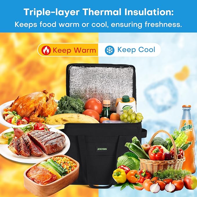 JUNGYOON S Insulated Grocery Bags and Cooler Bag for Food Delivery Bag, Collapsible Cooler, Reusable Shopping Bags for Groceries with Zipper Top, Heavy Duty, Stands Upright(Black)