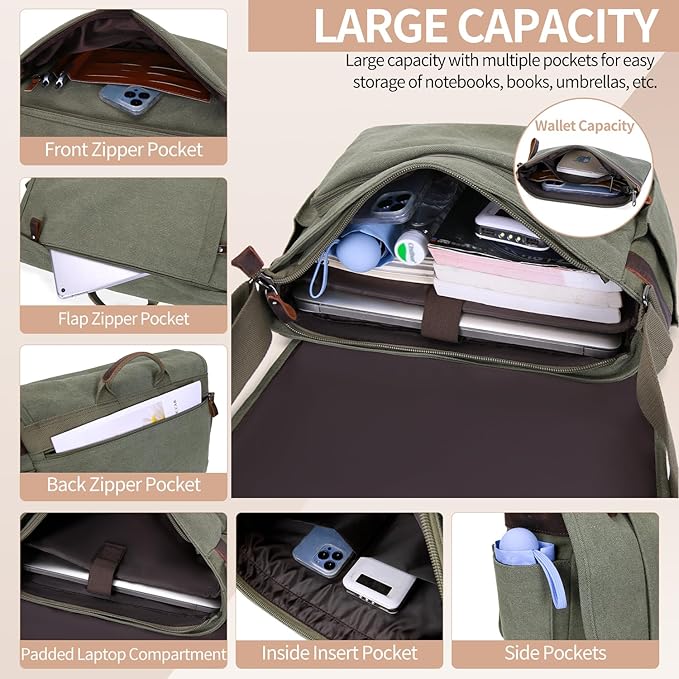 Nerlion Messenger Bag for Men 17-17.3 Inch Laptop Bag Canvas Water-resistant Computer Bag Shoulder Bag Work Briefcase Bookbag for College (Green)