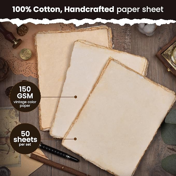 LEATHER VILLAGE Watercolor Paper - 6 X 4 inches, 50 Sheets - Mixed Media Watercolor Paper - 150 GSM Thick Deckle Edge Virgin Cotton Handmade Paper - Vintage Toned