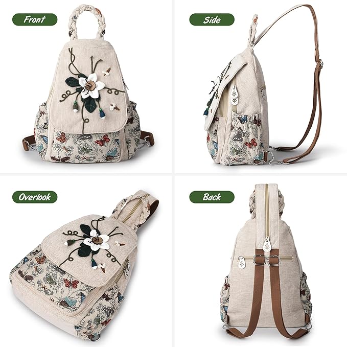 Ladys Convertible Sling Bag, Hand Craft Artisan Purse, Girls Beautiful Canvas Premium Casual Day Mini Backpack for Women (Flower Bee)