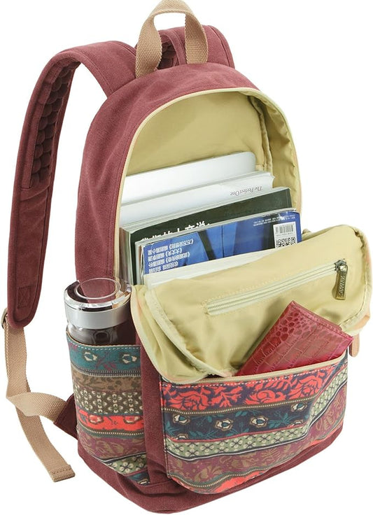 Kinmac Canvas Backpack with Massage Cushioned Straps,Travel Outdoor Backpack (Wine-Bohemian)