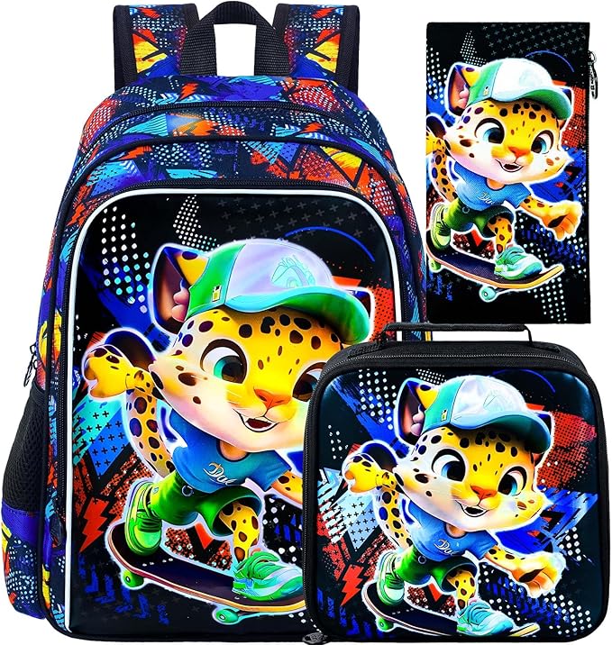 CCJPX 3PCS Kids Backpack for Boys, 16 Inch Panther Water Resistant Preschool Bookbags, Cool Leopard Kindergarten School Backpacks and Lunch Box
