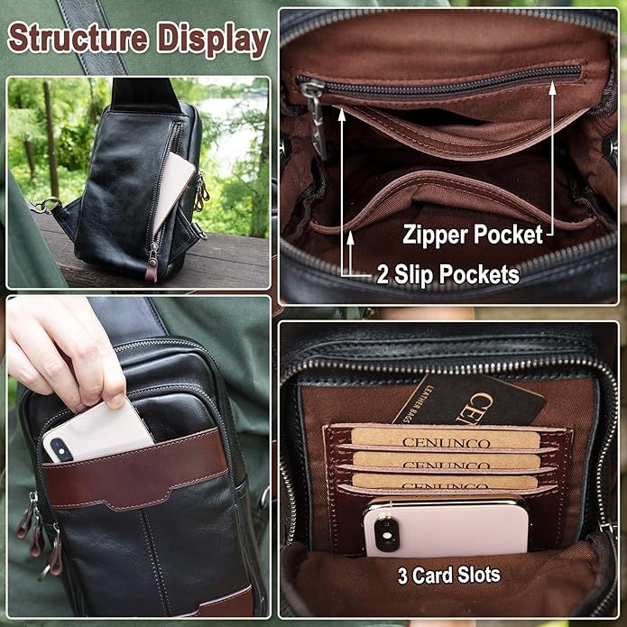 Genuine Leather Sling Bag for Men and Women Crossbody Shoulder Bag Side Sling Backpack Chest Purse Cross Body Casual Daypack