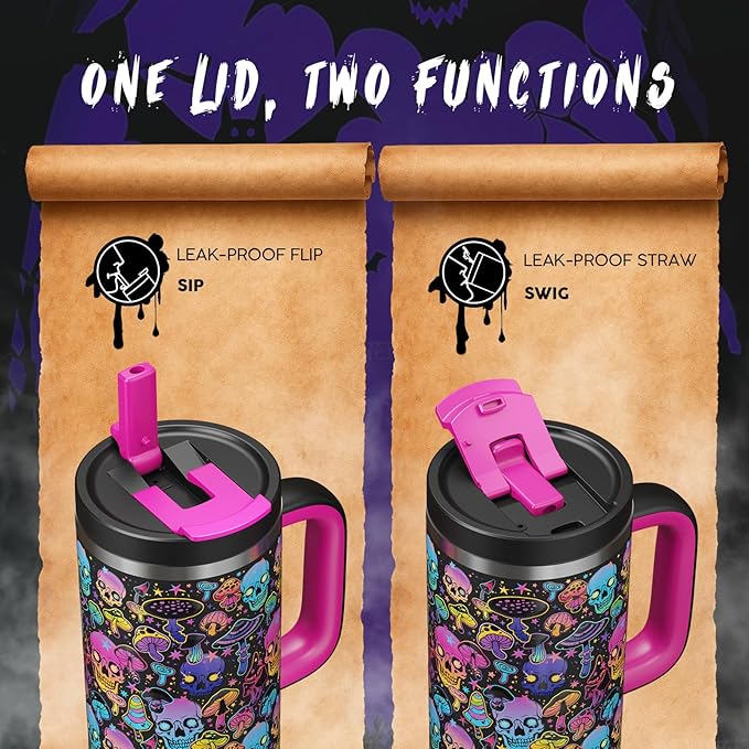 40oz Halloween Tumbler with Handle and Straw, Stainless Steel Insulated Water Bottle with Straw, Leak-Proof, Cup Holder Friendly, Keeps Cold 24 H, Gifts for Women Men, Trippy Skulls