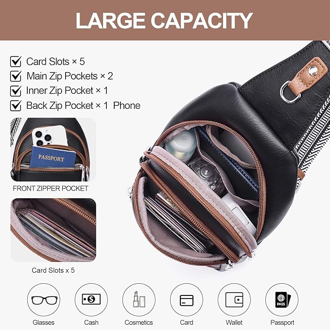 Anti Theft Crossbody Bags for Women Travel Chest Sling Bag Leather RFID Purse Fanny Pack Black