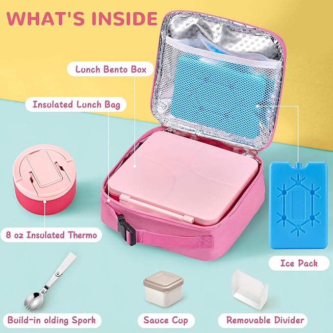 MAXSO Bento Lunch Box Set with 8 oz Soup Thermo, Kids Leakproof 4 Compartments Hot Food Container with Sauce Cup, Ice Pack and Lunch Bag, Child Insulated Food Jar for School - Pink