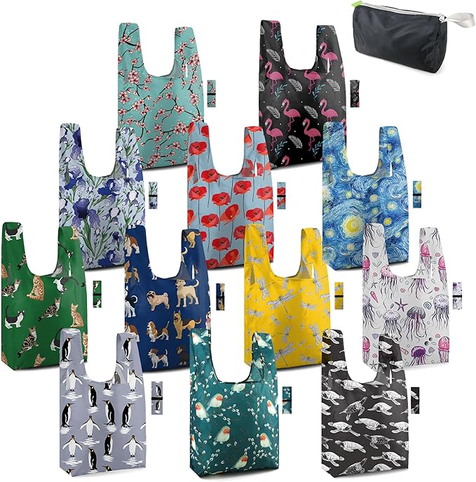 BeeGreen Reusable Grocery Bags Bulk Gifts 12-Pack - Large Tote with Zipper Pouch | Foldable & Washable Polyester Shopping Bags Heavy Duty Animal Lover Gifts Reusable Bag With Handles