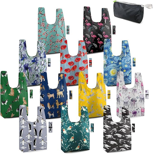 BeeGreen Reusable Grocery Bags Bulk Gifts 12-Pack - Large Tote with Zipper Pouch | Foldable & Washable Polyester Shopping Bags Heavy Duty Animal Lover Gifts Reusable Bag With Handles