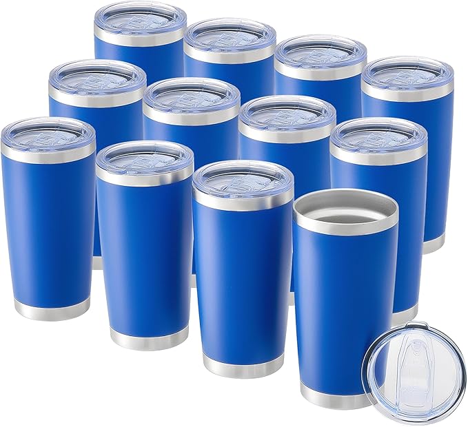 OMTech 20oz Tumblers Bulk, 12pc Stainless Steel Tumbler Set with Lid & Straw, Double Wall Vacuum Insulated Mug for Laser Engraver, Travel Coffee Mug for Hot & Cold Drinks, Navy Blue Powder Coated Cup