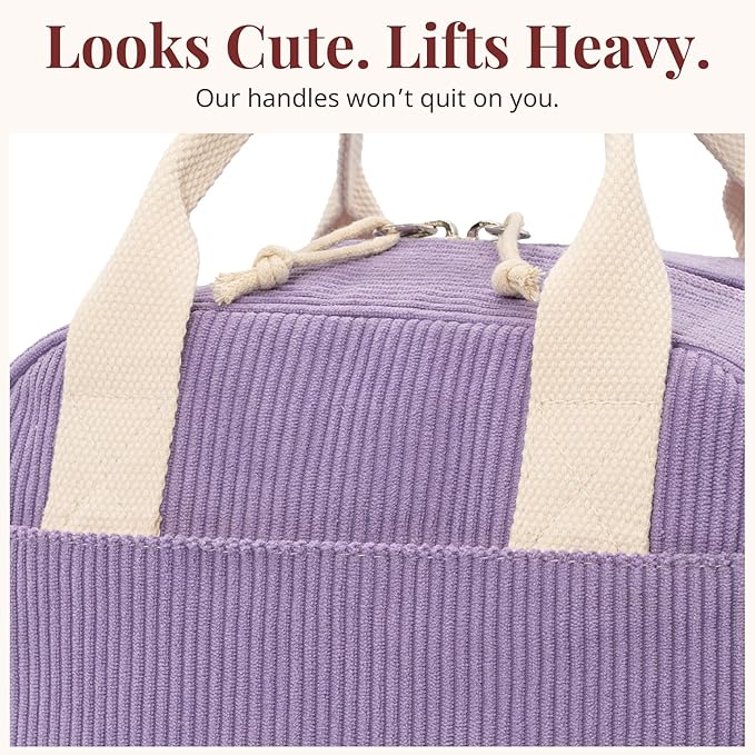Insulated Purple Haze Lunch Bag for Women, Stylish Corduroy Tote with Aluminum Lining, Large Capacity Reusable Cooler for Work, Travel, or Beach, Beige Cream Water-Resistant Lunch Box