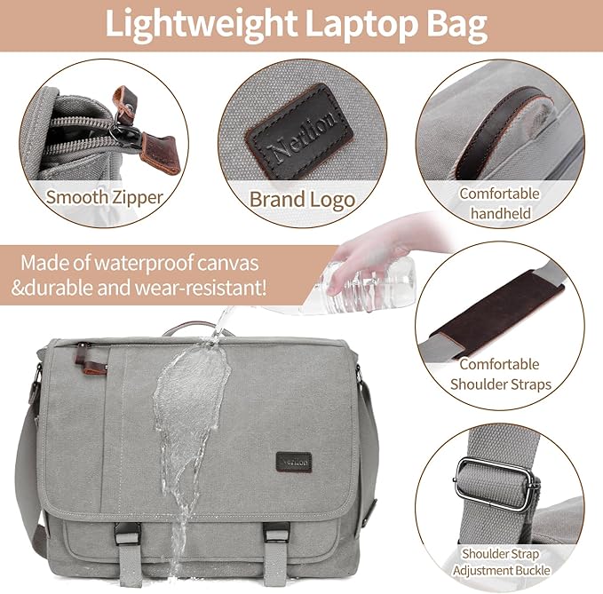 Nerlion Messenger Bag for Men 17-17.3 Inch Laptop Bag Canvas Water-resistant Computer Bag Shoulder Bag Work Briefcase Bookbag for College (Light Gray)