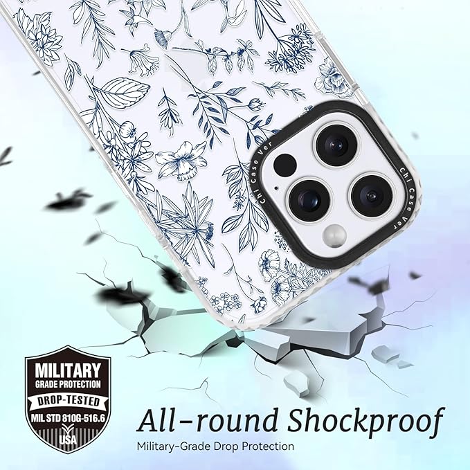 for iPhone 15 Pro Max Case, Vintage Botanical Pattern with Blue Flowers, Military-Grade Drop Protection, Cute Soft Slim TPU Protective Cover with Camera Lens Protection for Women & Girls