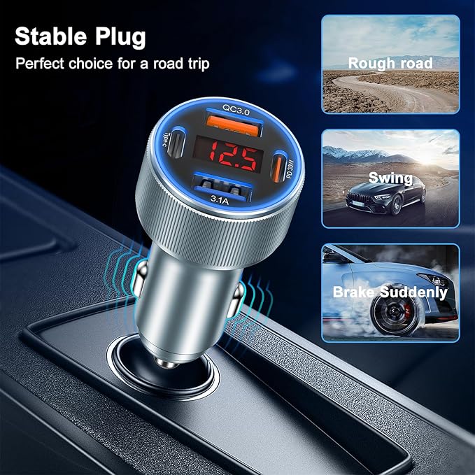 Car Phone Charger, Besgoods USB C Car Charger Adapter 4 Ports with Voltmeter PD&QC Fast Charging Cigarette Lighter USB Charger for iPhone 17 16 15 14 13 Galaxy S25 S24 A54 A16 Dashcam Car Acc, 2Pack