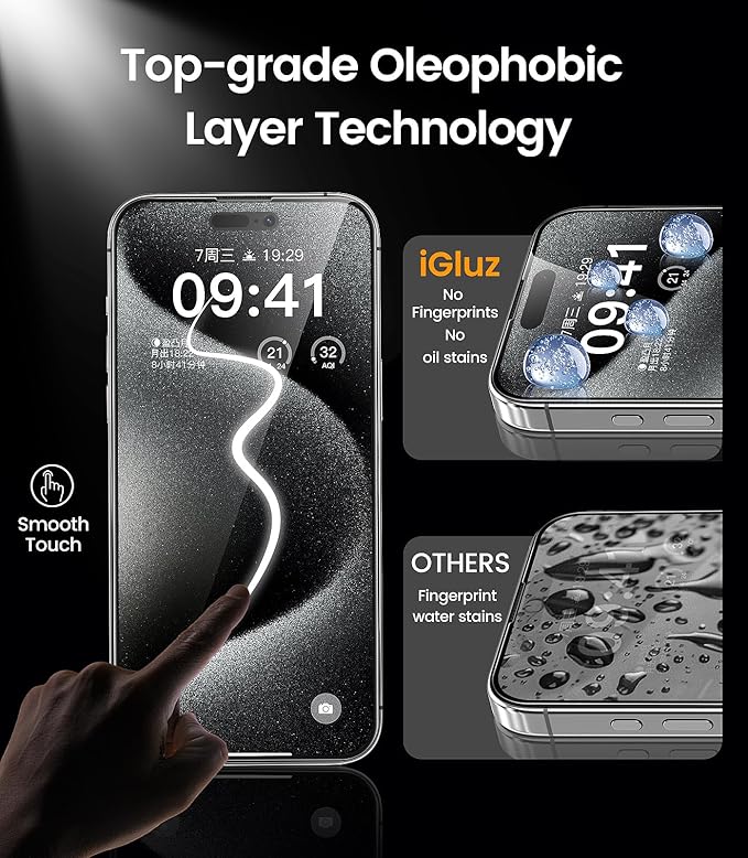iGluz 4 Pack for iPhone 15 Pro Screen Protector with 2-Pack Camera Lens Protector[99.99%HD Clear][9H Tempered Glass][Bubble Free][Easy Installation][Smooth Touch][Anti-fingerprint],4+2 Dual Protection