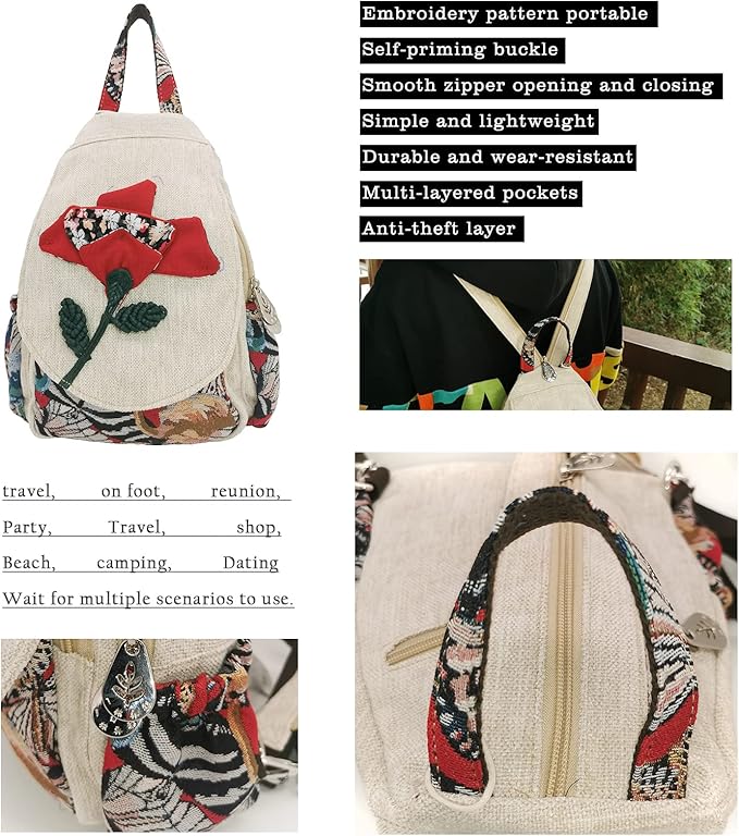 HUANGGUOSHU Women Cotton Woven Bohemian Hemp Boho Canvas Embroidery Multi Pocket Retro Cute Backpack Wallet Backpack（Yutu Moon）