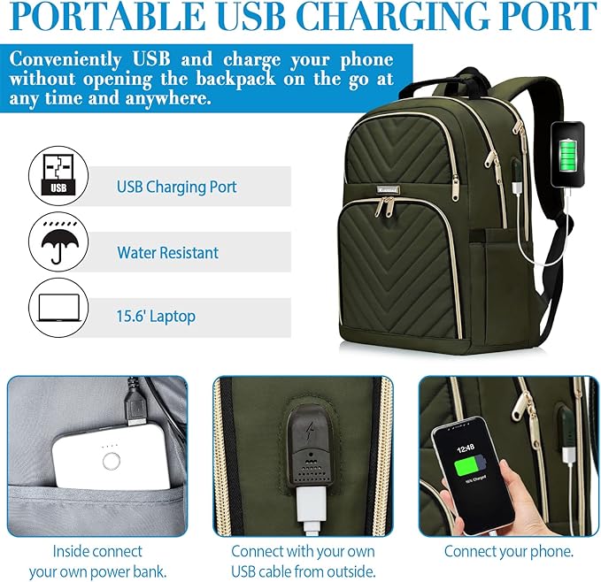 Travel Laptop Backpack, School Backpack for Teen Girls Boys,15.6 Inch Large Quilted College Bookbag for Women Men with USB Charging Port, Army Green