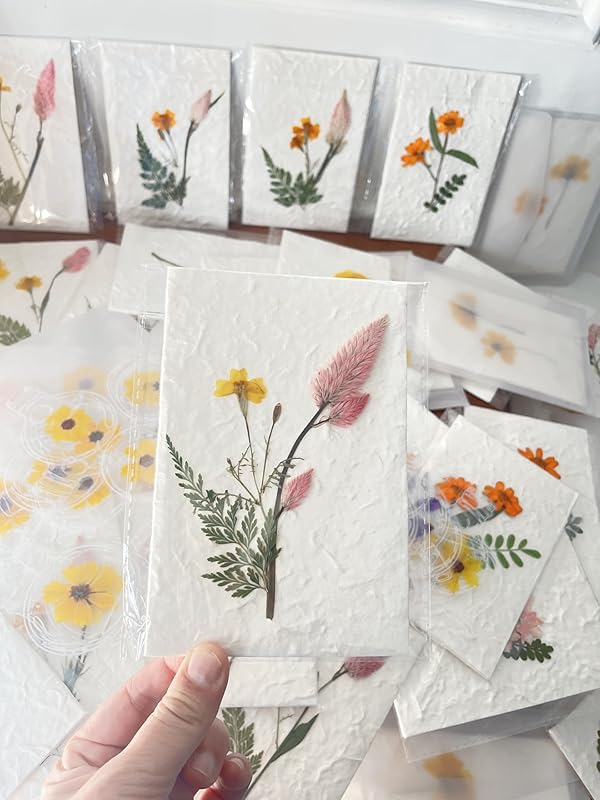 Handmade Pressed Flower Notecard Set with Real Flowers, 4x6 inches, Dongba Paper, Translucent Envelope, 3-Piece Gift Set, Perfect for Business, Birthday, Wedding, Congratulations, Gift, Thank you