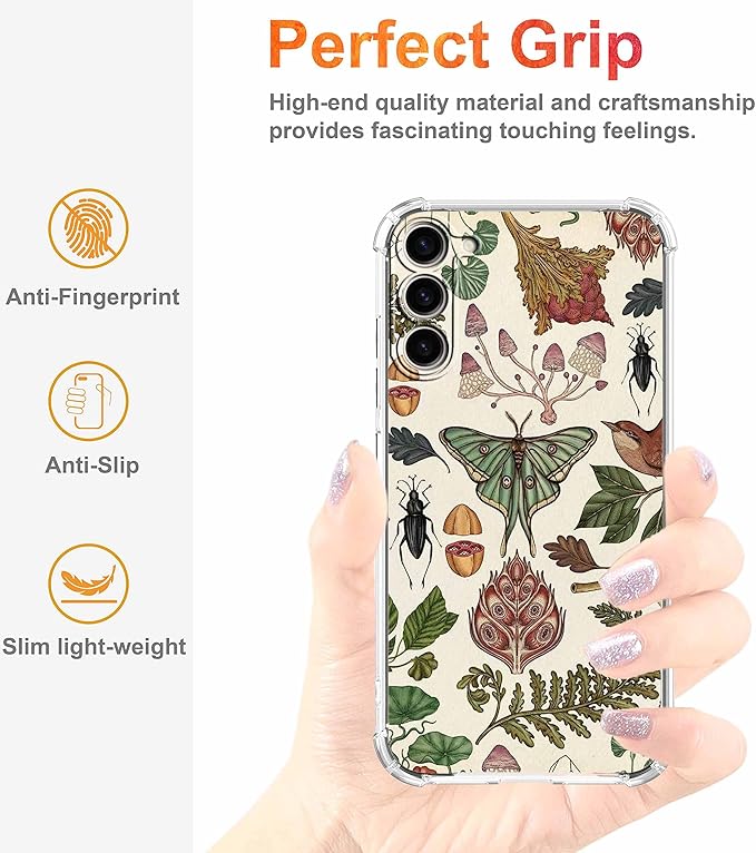 Case for Samsung Galaxy S23+ with Botanical Art Design,Aesthetic Vintage Cottagecore Mushroom Moth Pattern,Trendy Soft TPU Bumper Phone Cover,6.6"(Moth,S23P)