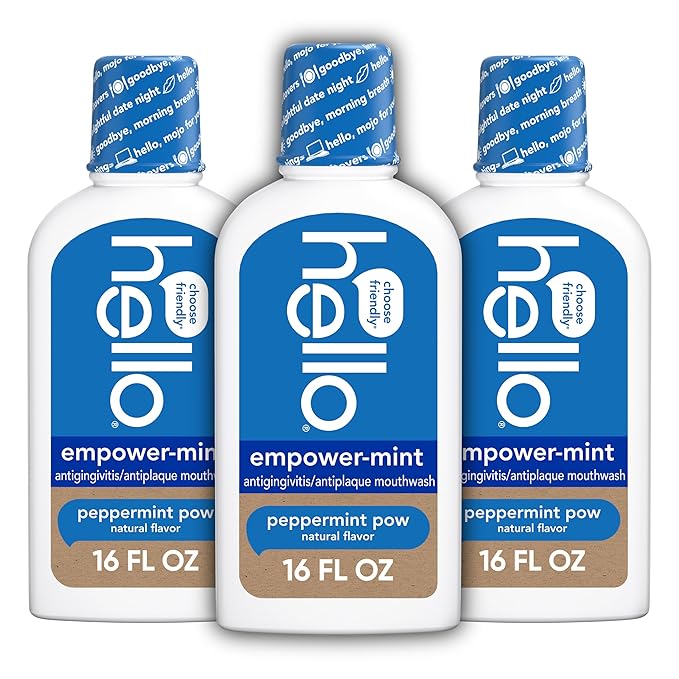 hello Empower-Mint Fluoride Free and Alcohol Free Mouthwash, Non Alcoholic Mint Mouthwash Pack, Peppermint Pow, 3 Pack, 16 Fl Oz Bottles