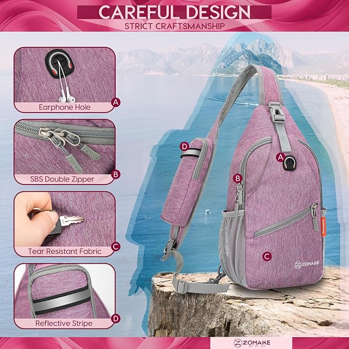 ZOMAKE Sling Bag,Small Crossbody Sling Backpack,Water Resistant Shoulder Daypack for Travel,Anti Thief Chest Bag for Hiking(Light Purple)
