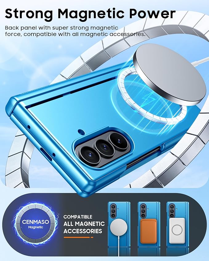CENMASO Magnetic for Samsung Galaxy Z Fold 7 Case with Stand, Fit for Magsafe, Hinge Protection, Privacy Screen Protector, Hidden Kickstand, Shockproof Phone Case for Galaxy Z Fold 7-Lake Blue