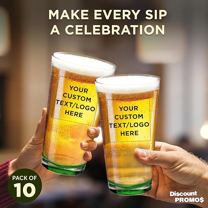 Custom Casale Pint Glass 16 oz. Set of 10, Personalized Bulk Pack - Beer Glasses, Heavy Duty Drinkware - Green