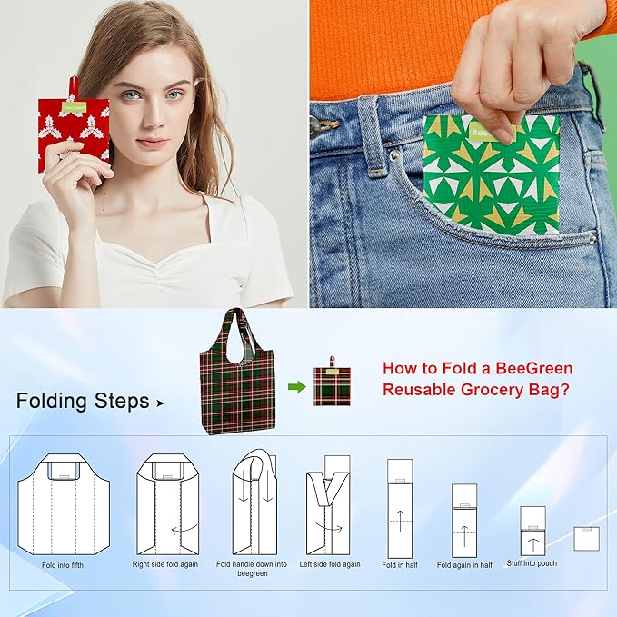 BeeGreen Christmas Reusable Gift Bags,6 Pack Large Holiday Tote Foldable Cloth Bag for Women, Cute Grocery Storage for Xmas Gifts Market Shopping, Washable Collapsible Reusable Bags with Handles