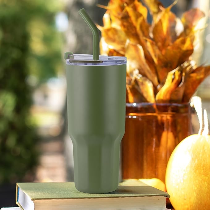 VEGOND 30 oz Insulated Stainless Steel Tumblers with lid and straw Bulk Pack Coffee Mug with Non-Slip Silicone Base, Sweat Proof Powder Coated Cup for Hot Cold Drinks, Army Green 8Pack
