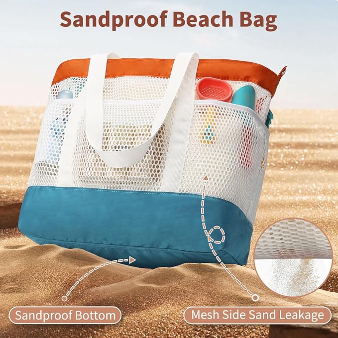 Mesh Beach Bag, Extra Large Beach Bags for Women, Lightweight Foldable Sandproof Tote Bag for Family & Vacation