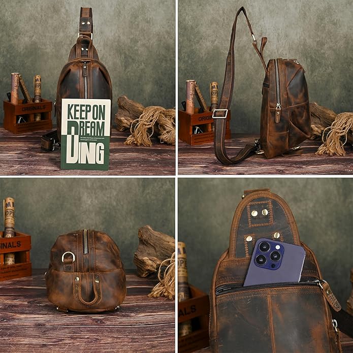 Thick Crazy horse Leather Triangle Crossbody Sling Chest Bag Travel One Shoulder Bag Daypack For Men Male 3028