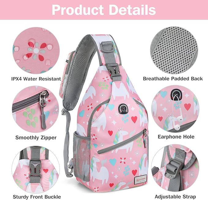ZOMAKE Sling Bag,Small Crossbody Sling Backpack,Water Resistant Shoulder Daypack for Travel,Anti Thief Chest Bag for Hiking(Unicorn Pink)