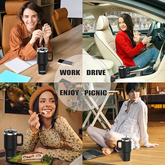 30 oz Tumbler with Handle,Tumbler with Lid and Straw,Double Wall Insulated Cup Stainless Steel Travel Mug(Cold for 34 Hours),Water Bottle for Iced Tea,Coffee,Cold Beverages(Black)