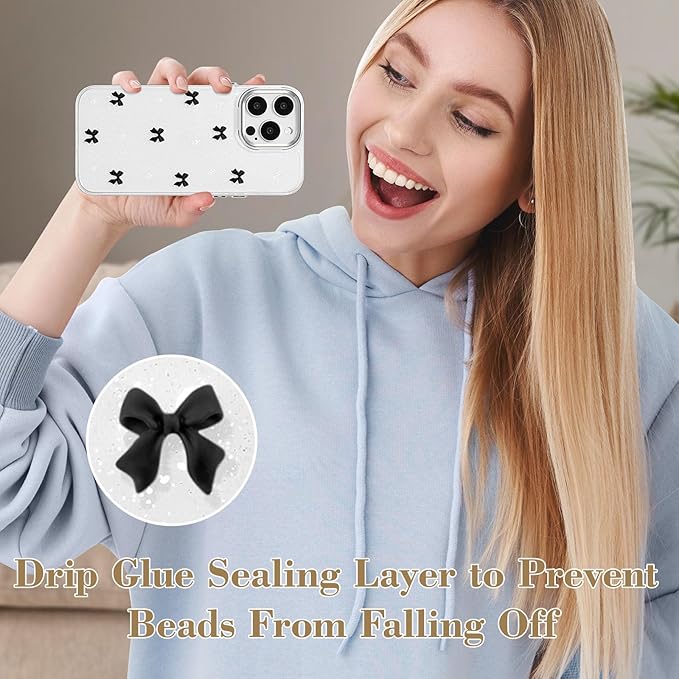 EYZUTAK Case for iPhone 13 Pro, Bling Glitter 3D Bowknot Phone Case Cute Sparkly Crystal Clear Bow Aesthetic Design Case Slim Soft Durable TPU Transparent Protective Cover for Women Girl - Black Bow