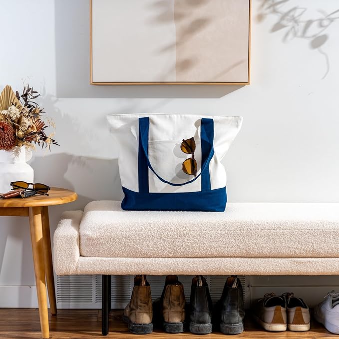 Carrywell |Not Made in China| 3 Pack Cotton Tote Bags, Reusable Grocery Shopping Bag with Zipper Closure and Front Pocket, Heavy Duty Organic Cloth w/Handles