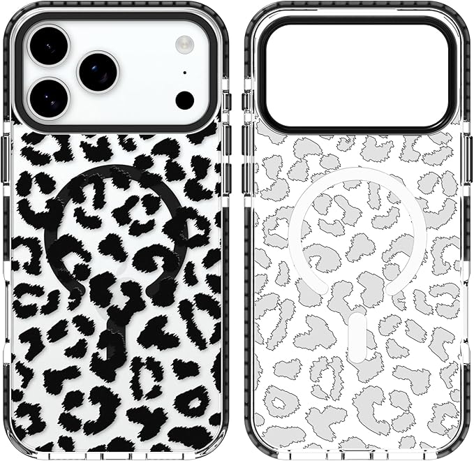 SAKUULO Magnetic for iPhone 17 Pro Case with Screen Protector [Compatible with MagSafe] Black Leopard Print Pattern Wireless Charge Strengthen Protection Cover Black Leopard (6.3")