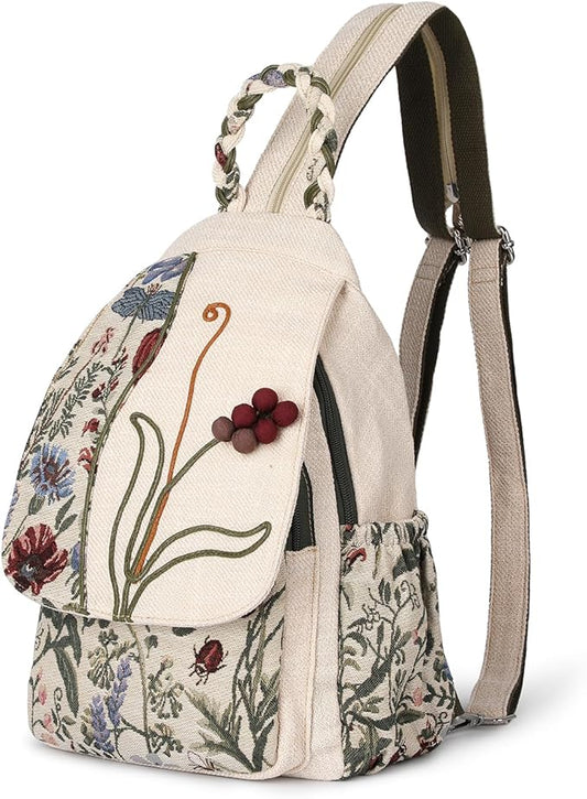 Ladys Convertible Sling Bag, Hand Craft Artisan Purse, Beautiful Grape Flower Canvas Premium Casual Day Mini Backpack for women