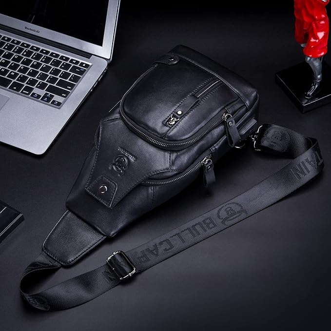 BULLCAPTAIN Genuine Leather Sling Bag with USB Charging Port Multi-pocket Chest Bag for Men Hiking Travel Daypack XB-129