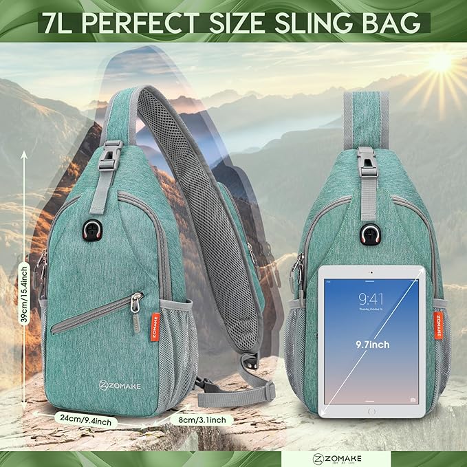 ZOMAKE Sling Bag,Small Crossbody Sling Backpack,Water Resistant Shoulder Daypack for Travel,Anti Thief Chest Bag for Hiking(Turquoise)