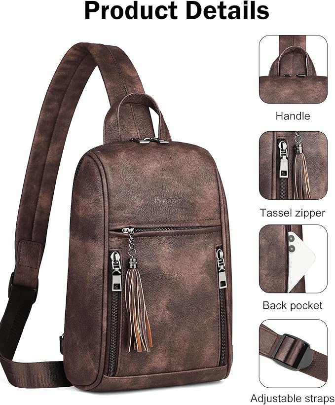 FADEON Sling Bag for Women, Crossbody Purse with Tassels, Designer Leather Shoulder Chest Bags for Travel