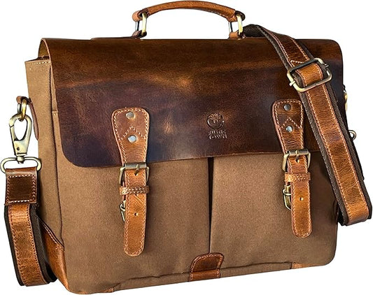 RUSTIC TOWN Leather Canvas Messenger Bag for Men Women - Vintage Laptop Satchel Leather Briefcase (14 Inch, Olive Green)