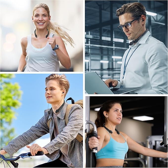 AMORNO Foldable Bluetooth Neckband Headphones, Wireless Sports Headset with Retractable Earbuds, Sweatproof Noise Cancelling Stereo Earphones with Built-in Mic for Running, Workout (Deep Black)