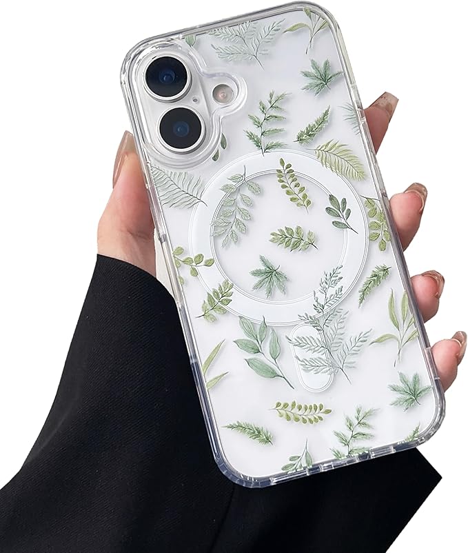 ZTOFERA for iPhone 16 Magnetic Case Compatible with Magsafe,Aesthetic Floral Pattern Design Cute for Girl Women,Anti-Drop Protective Hard Phone Cover for iPhone 16-Green Leaf