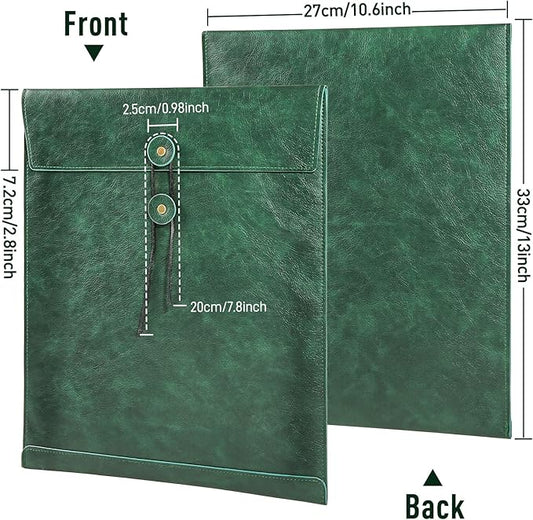 Green PU Leather File Folder for Documents,Important Document Folder with String Tie,Laptop Sleeve Notebook Case,Leather File Organizer, A4 Envelopes Filing Folder