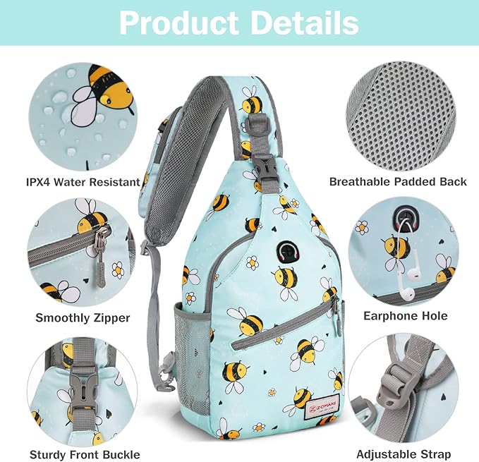 ZOMAKE Sling Bag,Small Crossbody Sling Backpack,Water Resistant Shoulder Daypack for Travel,Anti Thief Chest Bag for Hiking(Bee Blue)