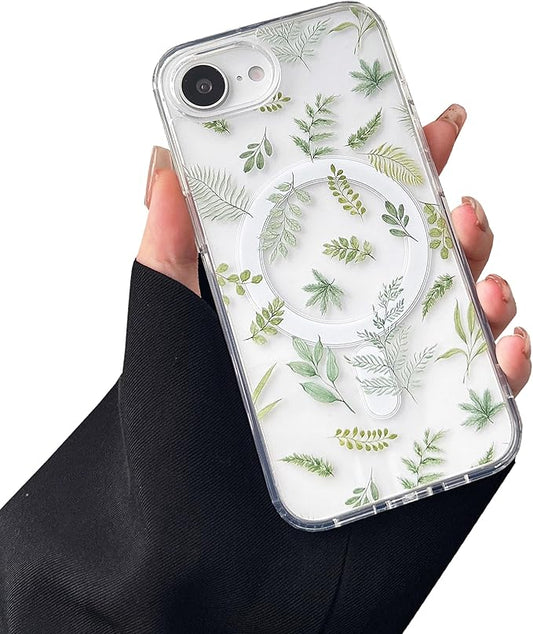 ZTOFERA for iPhone 16e Magnetic Case Compatible with Magsafe, Aesthetic Floral Pattern Design Cute for Girl Women,Anti-Drop Protective Hard Phone Cover for iPhone 16e-Green Leaf