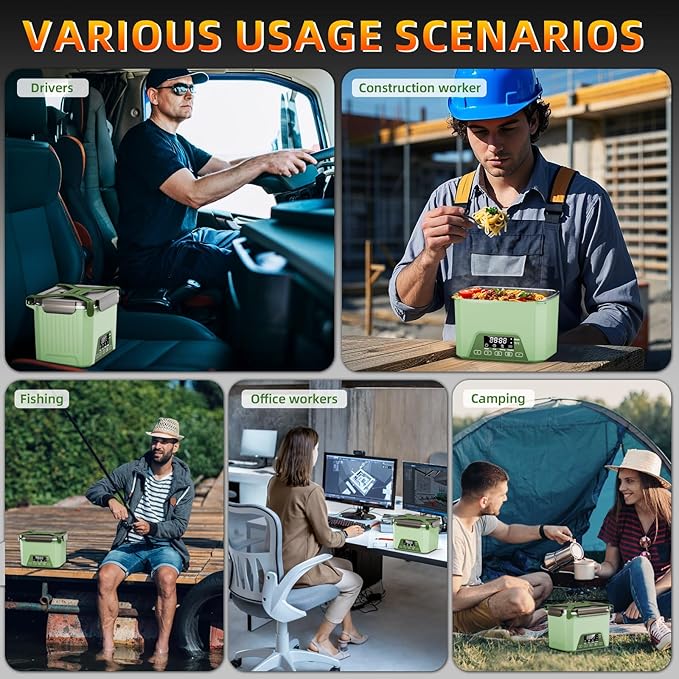 Cordless Electric Lunch Box, 1.2L Self Heating Lunch Box Battery Powered with Automatic Heating, BPA Free, Meal Prep Friendly (Green)