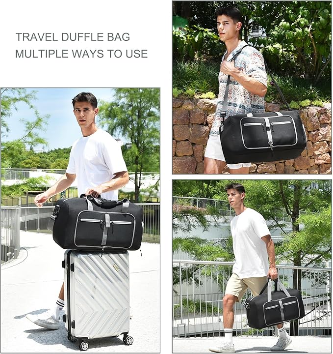 Dimayar 65L Travel Duffle Bag for Men Women - Foldable Duffel Bag with Shoes Compartment - Overnight Bags Waterproof & Tear Resistant(Black)