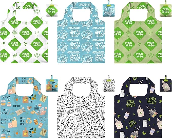 BeeGreen Print Reusable Shopping Bags 6 Pack - Heavy Duty Washable and Foldable Polyester Shopping Bag for Women, Reusable Gift Grocery Totes Market Tote Bag with Handles for Travel Holiday