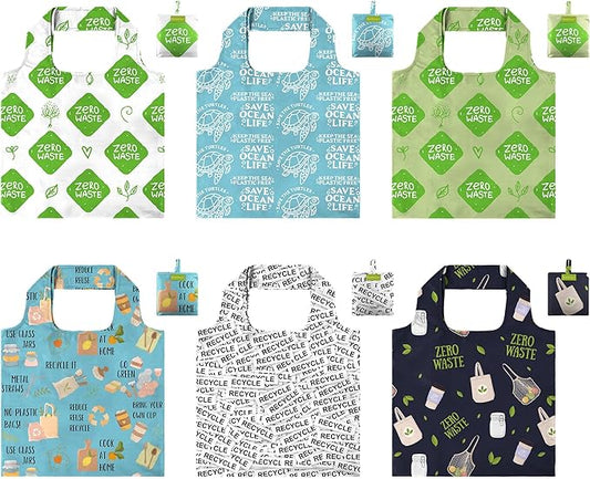 BeeGreen Print Reusable Shopping Bags 6 Pack - Heavy Duty Washable and Foldable Polyester Shopping Bag for Women, Reusable Gift Grocery Totes Market Tote Bag with Handles for Travel Holiday